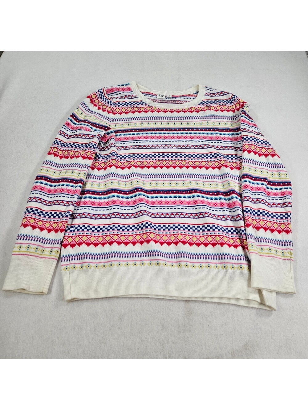 GAP Women's Fair Isle Sweater M Cream Multicolor Nordic Knit Crewneck